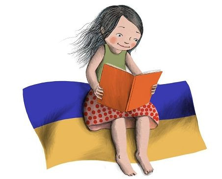 Dziewczynka czytająca książkę, flaga Ukrainy
