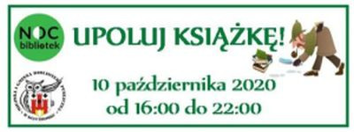 Baner akcji z napisem Upoluj Książkę! Logo Biblioteki i Nocy Bibliotek.